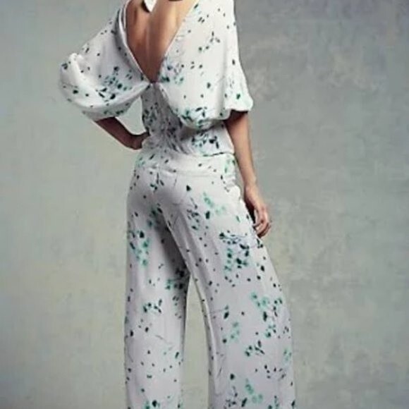 LOTTA STENSSON Free People Jumpsuit White Green Floral Small Wide Leg Silk Boho - Picture 1 of 15